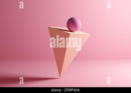 Sphere ball on balance on an inverse pyramid prism geometric shape on pink background. Abstract 3D background illustration. Stock Photo