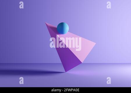 Sphere or ball on balance on a rotating pyramid prism geometric shape on purple background. Abstract 3D background illustration. Stock Photo