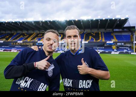 BRUGGE, BELGIUM - MAY 23: Noa Lang of Club Brugge and Ruud Vormer of Club Brugge during the jupiler pro league match between Club Brugge and KRC Genk Stock Photo