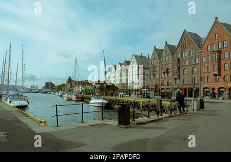 Bergen, Norway - 24th May, 2017: Colourful and historical trading posts or buildings at the Bryggen quarter in Bergen, Norway. Unesco world heritage s Stock Photo