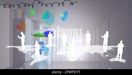 Composition of digital icons and people's silhouettes on world map over beige background Stock Photo