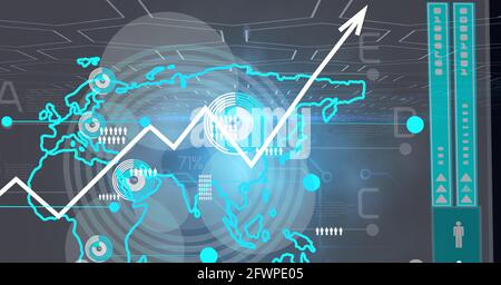 Composition of statistics processing over computer circuit board on glowing background Stock Photo