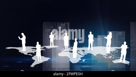 Composition of people's silhouettes on world map over blue background Stock Photo