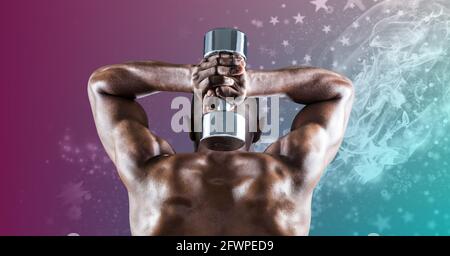 Composition of rear view of muscular strong african american man lifting dumbbells and stars Stock Photo