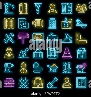 Contractor icons set. Outline set of contractor vector icons neon color on black Stock Vector