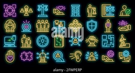 Responsibility icons set. Outline set of responsibility vector icons neon color on black Stock Vector