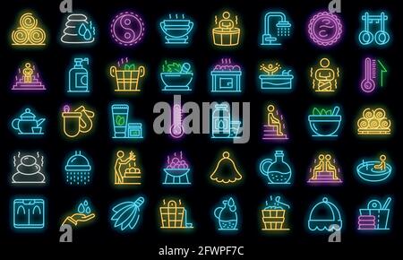 Sauna icons set. Outline set of sauna vector icons neon color on black Stock Vector