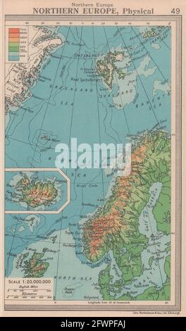 Northern Europe - Physical. Scandinavia Svalbard. BARTHOLOMEW 1949 old map
