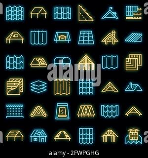 Roof icons set. Outline set of roof vector icons neon color on black Stock Vector