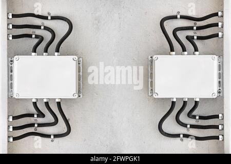 External electrical junction box with corrugated cable channels and wires. Professional wire insulation. Copy space. Stock Photo