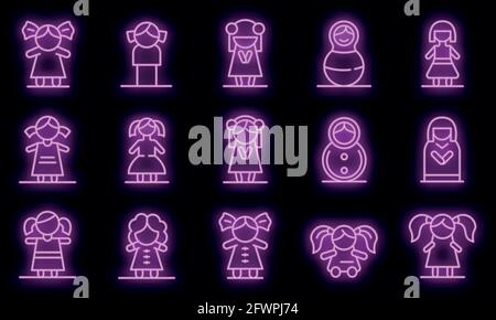 Doll icons set. Outline set of doll vector icons neon color on black Stock Vector