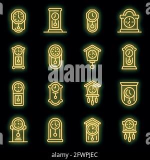 Pendulum clock icons set. Outline set of pendulum clock vector icons neon color on black Stock Vector