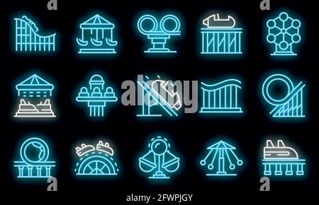 Roller coaster icons set. Outline set of roller coaster vector icons neon color on black Stock Vector