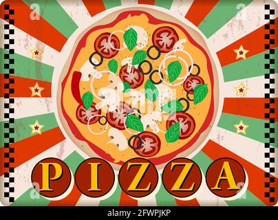 vintage nostalgic pizza and fast food diner sign, vector illustration, fictional artwork. Stock Vector