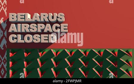 White lettering BELARUS AIRSPACE CLOSED on the background of the flag and small paper airplanes Stock Photo