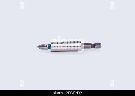Screwdriver bit holder on white background. Stock Photo