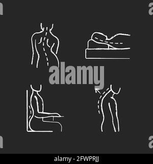 Poor posture problems chalk white icons set on black background Stock Vector