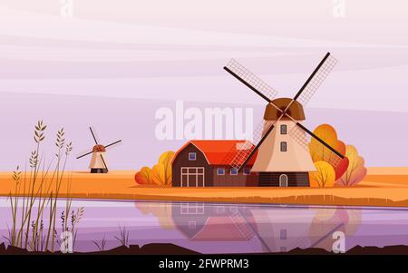 Landscape with windmill on the river bank Stock Vector