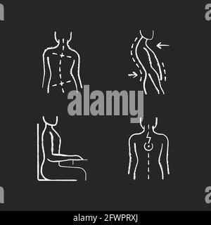 Bad posture problems chalk white icons set on black background Stock Vector