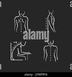 Bad posture problems chalk white icons set on black background Stock Vector