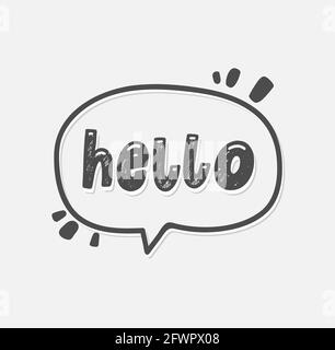 Hello hand drawn lettering text in a speech bubble. Comic style say hi inscription on gray background. Cartoon message Hello slogan for chat, token Stock Vector