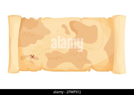 Old treasure map for pirate adventures in cartoon style isolated on white background. Fantasy and simple skroll parchment.. Ui asset. Vector illustrat Stock Vector