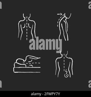 Poor posture problems chalk white icons set on black background Stock Vector