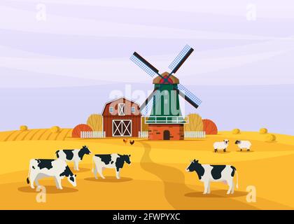 Farm landscape with windmill, barn and livestock Stock Vector