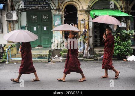 20.07.2014, Yangon, Myanmar, Asia - A group of Buddhist monks in their saffron robes holding umbrellas walks through the streets of downtown Yangon. Stock Photo