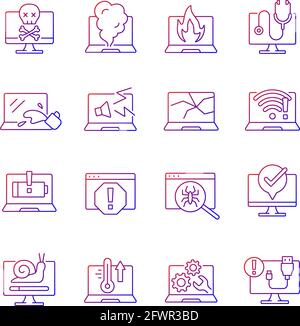 Computer problem gradient linear vector icons set Stock Vector