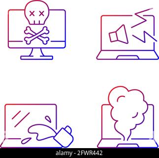 Broken laptop gradient linear vector icons set Stock Vector
