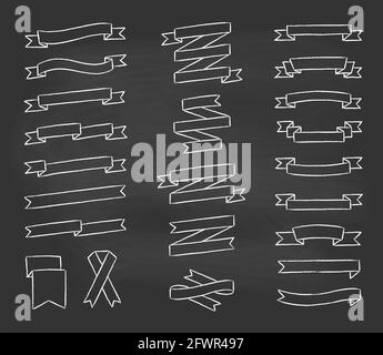Ribbons set in sketchy style. Chalk contour hand drawn vintage ribbons collection for text decoration, banner, labels, greeting card. Vector Stock Vector