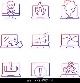 Computer damage gradient linear vector icons set Stock Vector