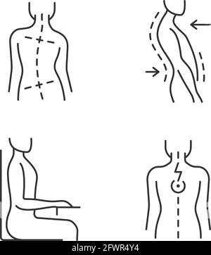 Bad posture problems linear icons set Stock Vector