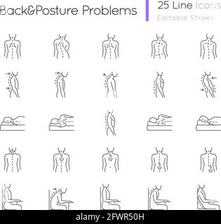 Back and posture problems linear icons set Stock Vector