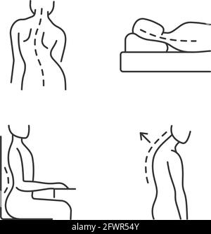 Poor posture problems linear icons set Stock Vector