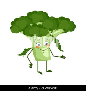 Cute broccoli character with joy emotions, smiling face, happy eyes, arms and legs. A mischievous green vegetable hero with eyes Stock Vector