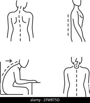 Bad posture problems linear icons set Stock Vector