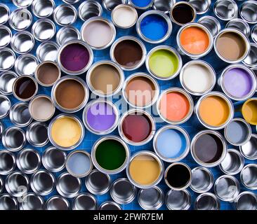 Background from multi color cans of paint Stock Photo