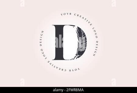 Exotic Letter D Logo with Palm Tree Leaf Pattern Texture Design Logo Icon. Creative Palm Tree Letter Logo with Modern Leafs Organic Natural Bio Idea. Stock Vector