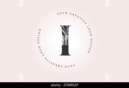 Exotic Letter I Logo with Palm Tree Leaf Pattern Texture Design Logo Icon. Creative Palm Tree Letter Logo with Modern Leafs Organic Natural Bio Idea. Stock Vector