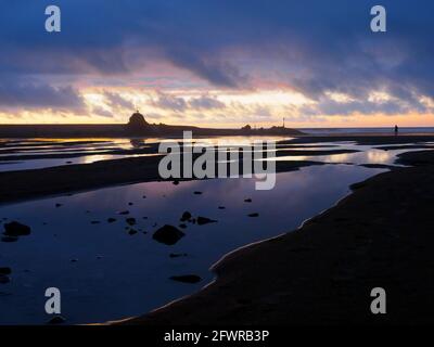 Winter sunset over Summerleaze Beach and Breakwater, Bude, Cornwall, UK Stock Photo
