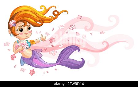 Cute romantic pretty young mermaid with purple tale and flowers. Cartoon character. Vector isolated illustration on maine background. For t-shirt, pri Stock Vector