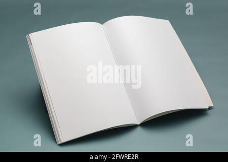 Composition of opened book with blank pages on blue background Stock Photo