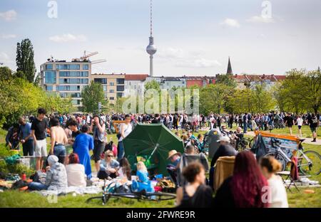 Berlin, Germany. 24th May, 2021. Numerous people enjoy the beautiful weather in Mauerpark. Credit: Christoph Soeder/dpa/Alamy Live News Stock Photo