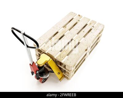 Yellow pallet truck loaded with three europallets shot from above over white background Stock Photo