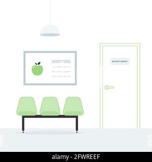 Waiting room. Nutritionist. Three green empty chairs. A poster on the wall. Ceiling light. Linear door. Medical appointment. Vector illustration, flat Stock Vector