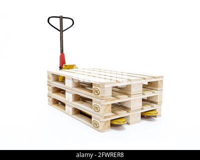Yellow pallet truck loaded with three europallets shot over white background Stock Photo