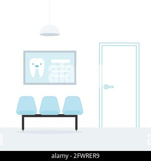Waiting room. Dentist. Three blue empty chairs. A poster on the wall. Ceiling light. Linear door. Medical appointment. Vector illustration, flat desig Stock Vector