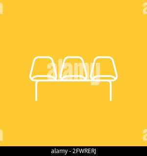 Waiting room icon. White outline on yellow background. Three empty chairs. Vector illustration, flat design Stock Vector